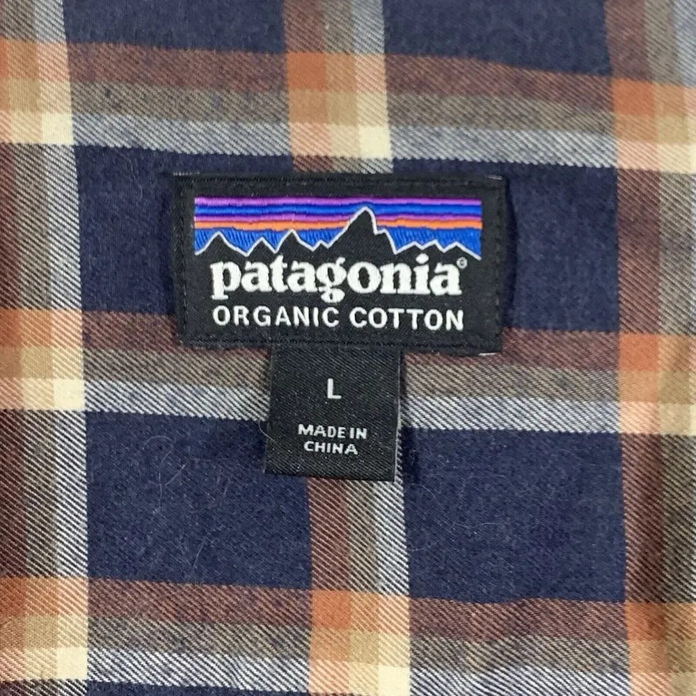 Patagonia Worn Wear Organic Cotton L/S‎ Button Up Shirt Size L Blue Orange Plaid
